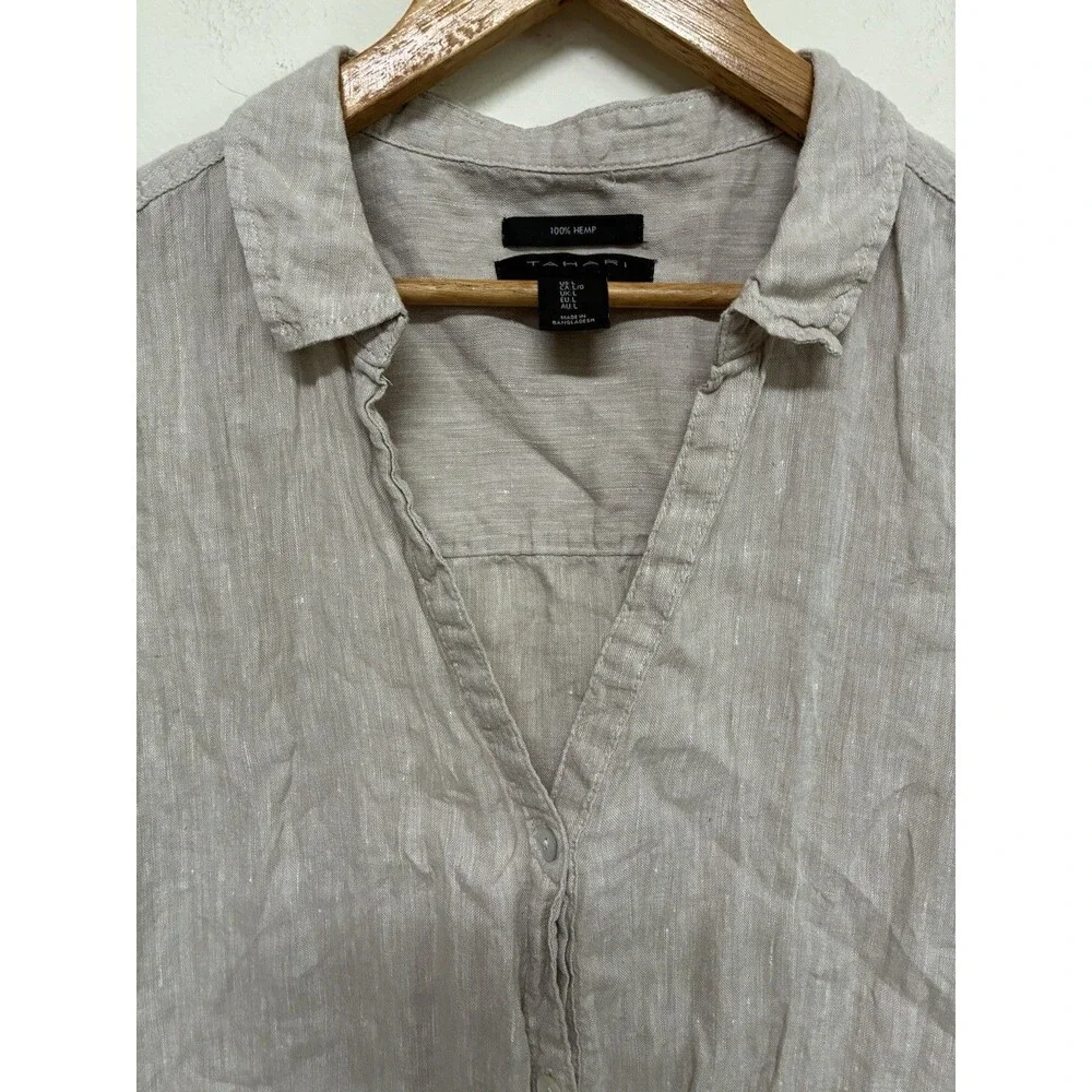 Tahari Womens 100% Hemp Sleeveless Button Down Tunic Shirt Beige Oatmeal Large